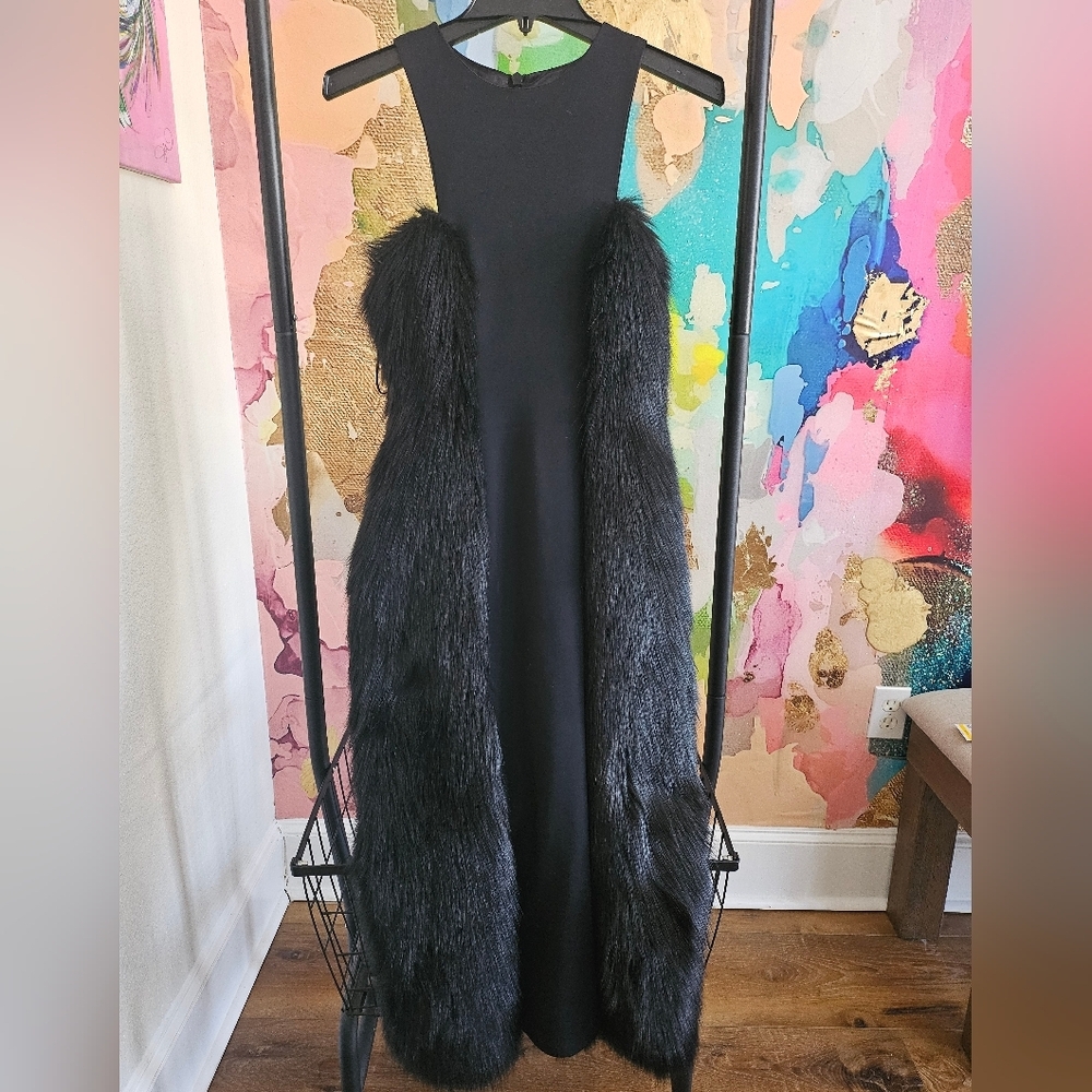 Chic Black Midi Dress with Faux Fur Details